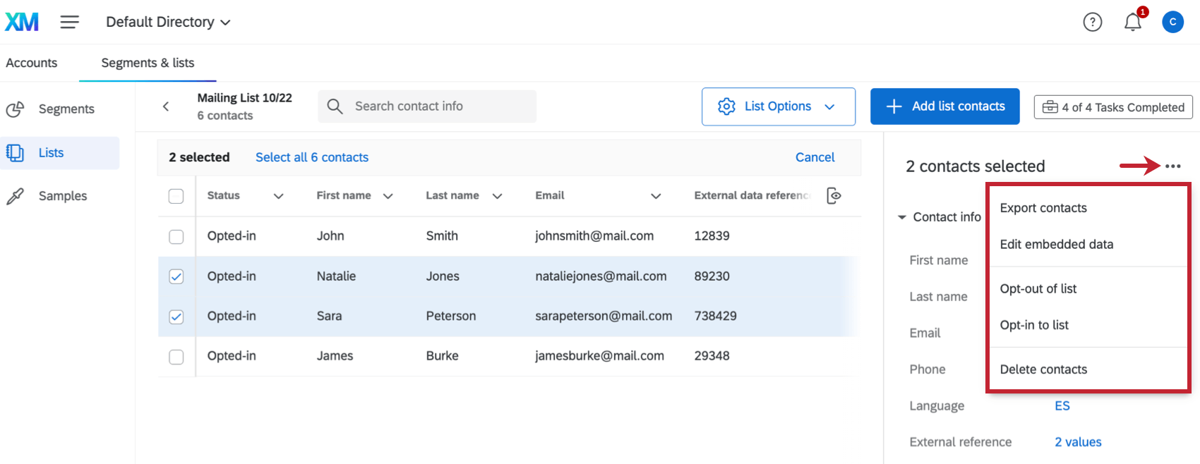 contact actions menu when multiple users are selected