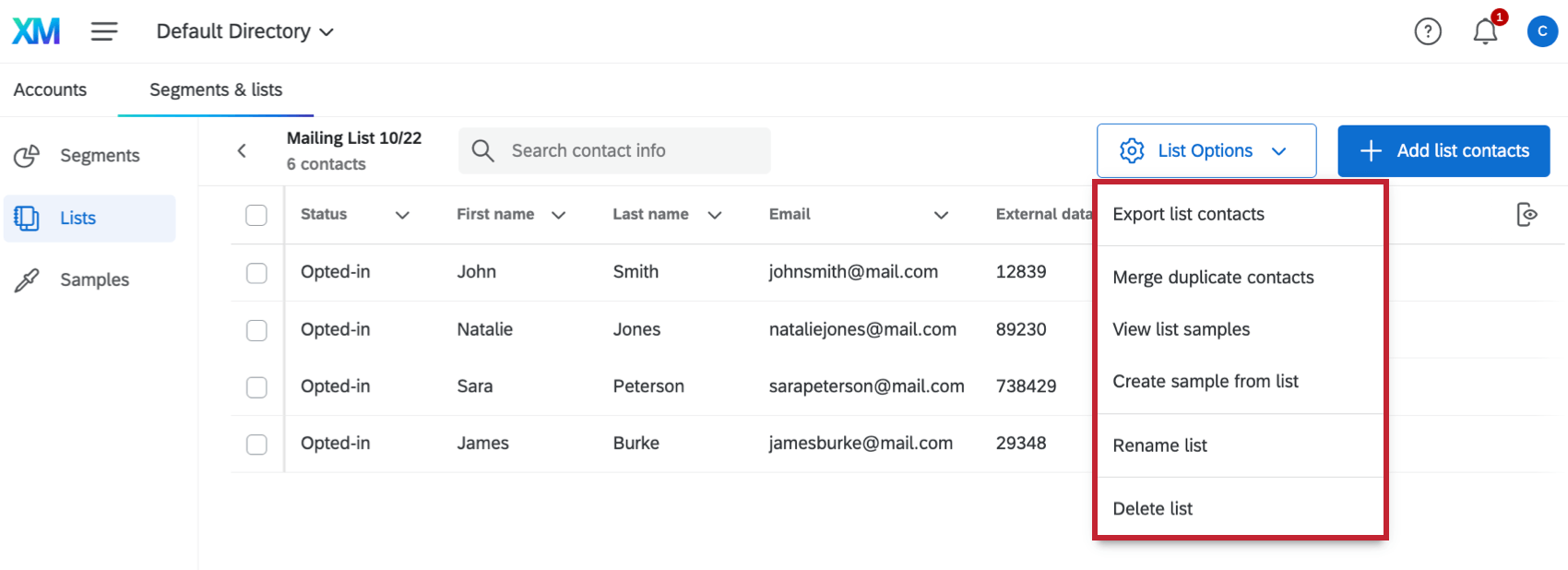 List Options dropdown from within mailing list