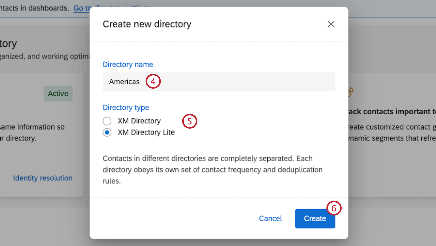 New window opens with field for directory name and directory type and blue Create button in bottom-right of window