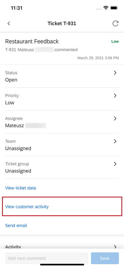 Kundenaktivitätsoption für ein bestimmtes Ticket anzeigen