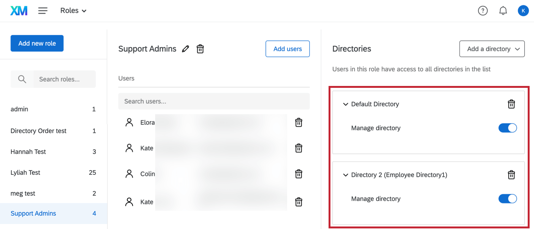the role based permissions found when setting up xm directory roles