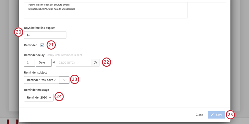 image of the xm directory task for sending an email distribution. The reminder option is enabled and the fields for customizing the reminder are visible
