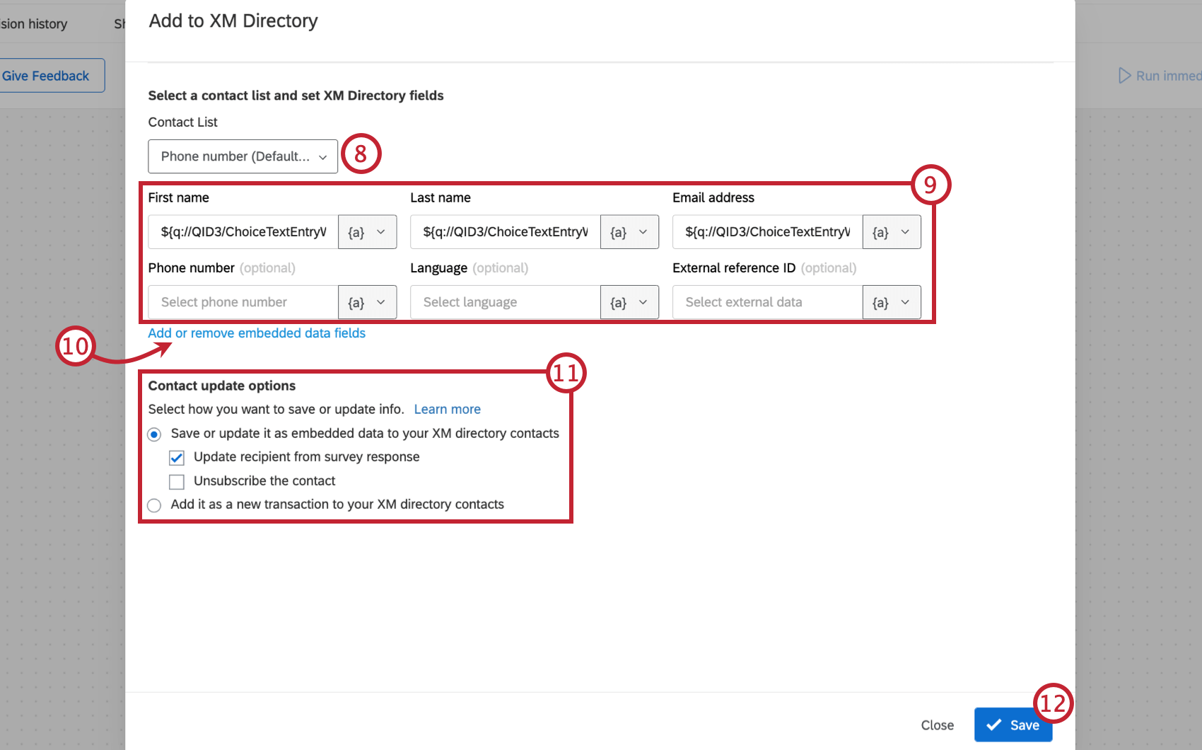 setting up an xm directory task for saving or updating contact information
