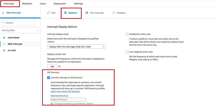 section options de lintercept avec le lien du répertoire XM surligné