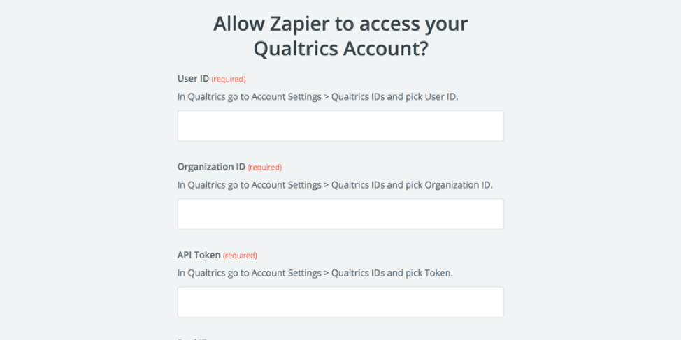 Campos no zapier para conexão com uma conta
