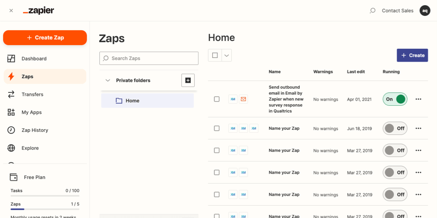 Zapier homepage, create a zap button in the upper-left in orange