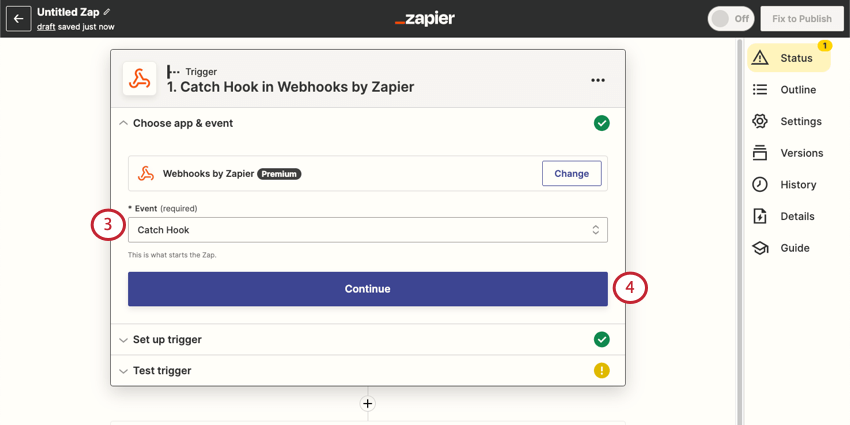 Window says "choose app and event" and under "webhooks by zapier" is an event dropdown