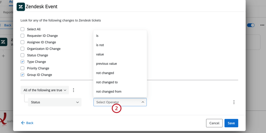 choosing the operator for the zendesk event condition