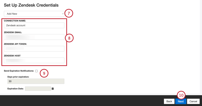 en utilisant le menu déroulant pour choisir un compte Zendesk ou en ajouter un nouveau