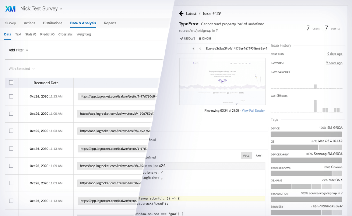 Qualtrics / LogRocket integrated dashboard