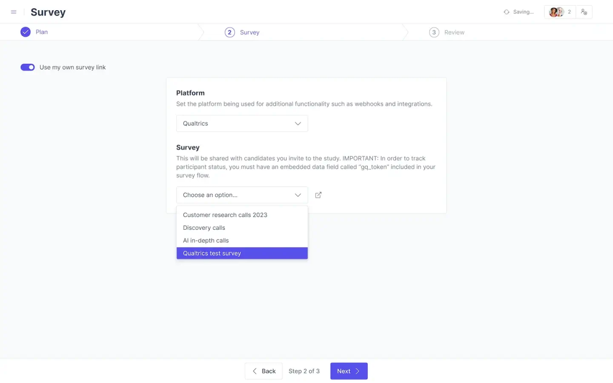 Set up qualtrics survey in great question