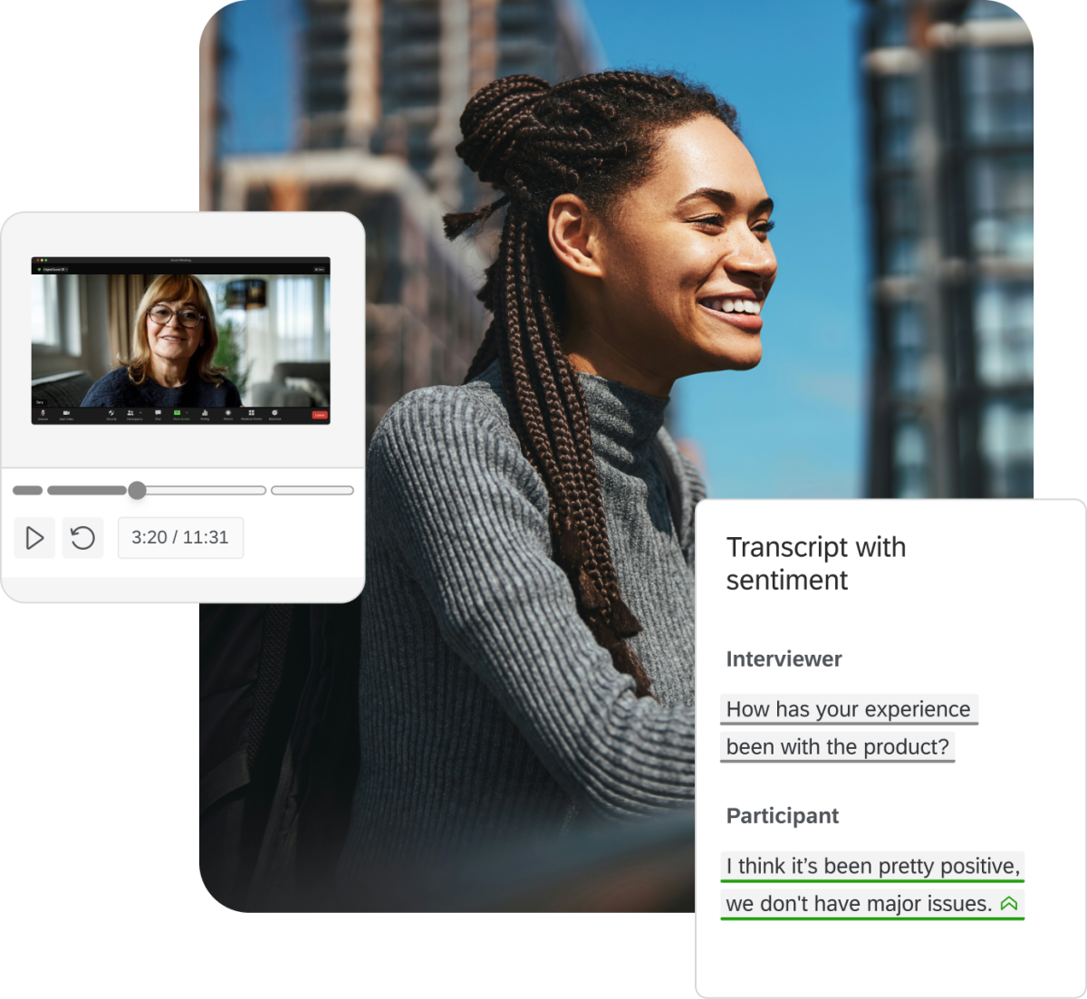 Smiling woman outdoors with Qualtrics UX research overlays showing a sentiment-coded interview transcript and a recorded video session thumbnail.