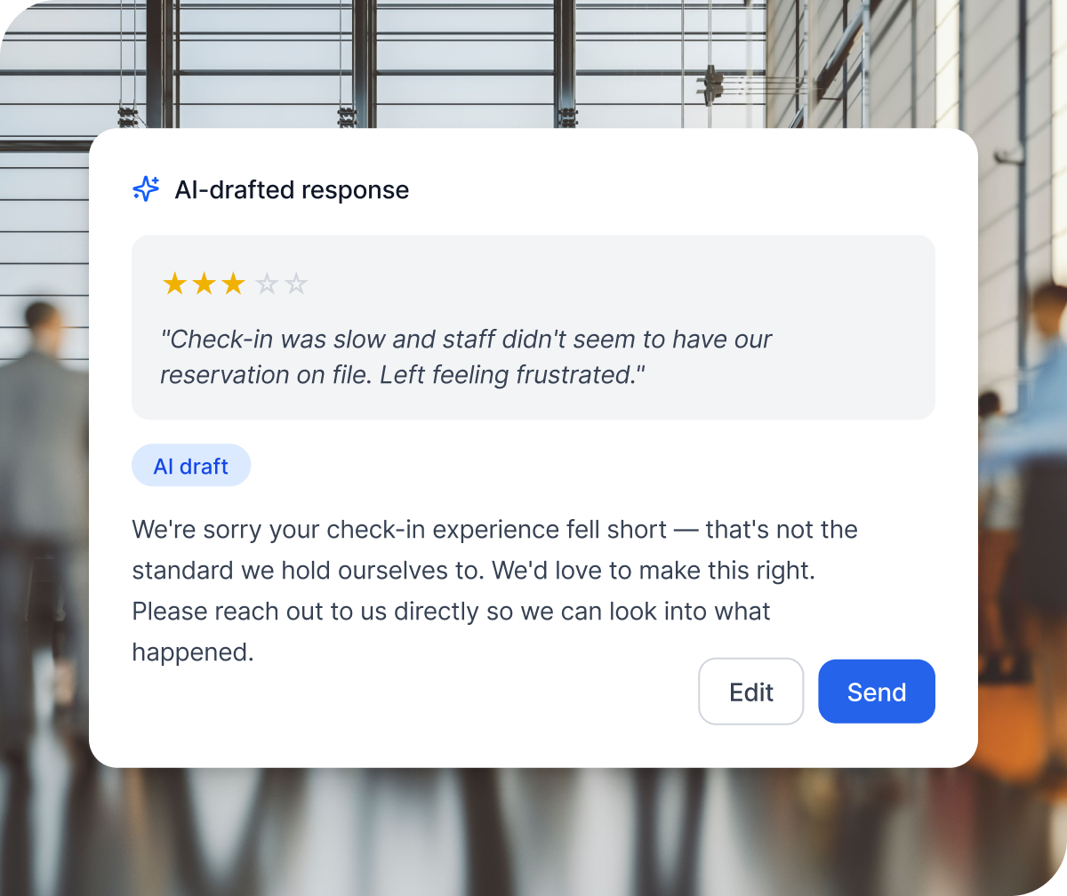Qualtrics AI-drafted response feature showing a 3-star customer review about a frustrating hotel check-in, with an AI-generated empathetic reply ready to edit or send.