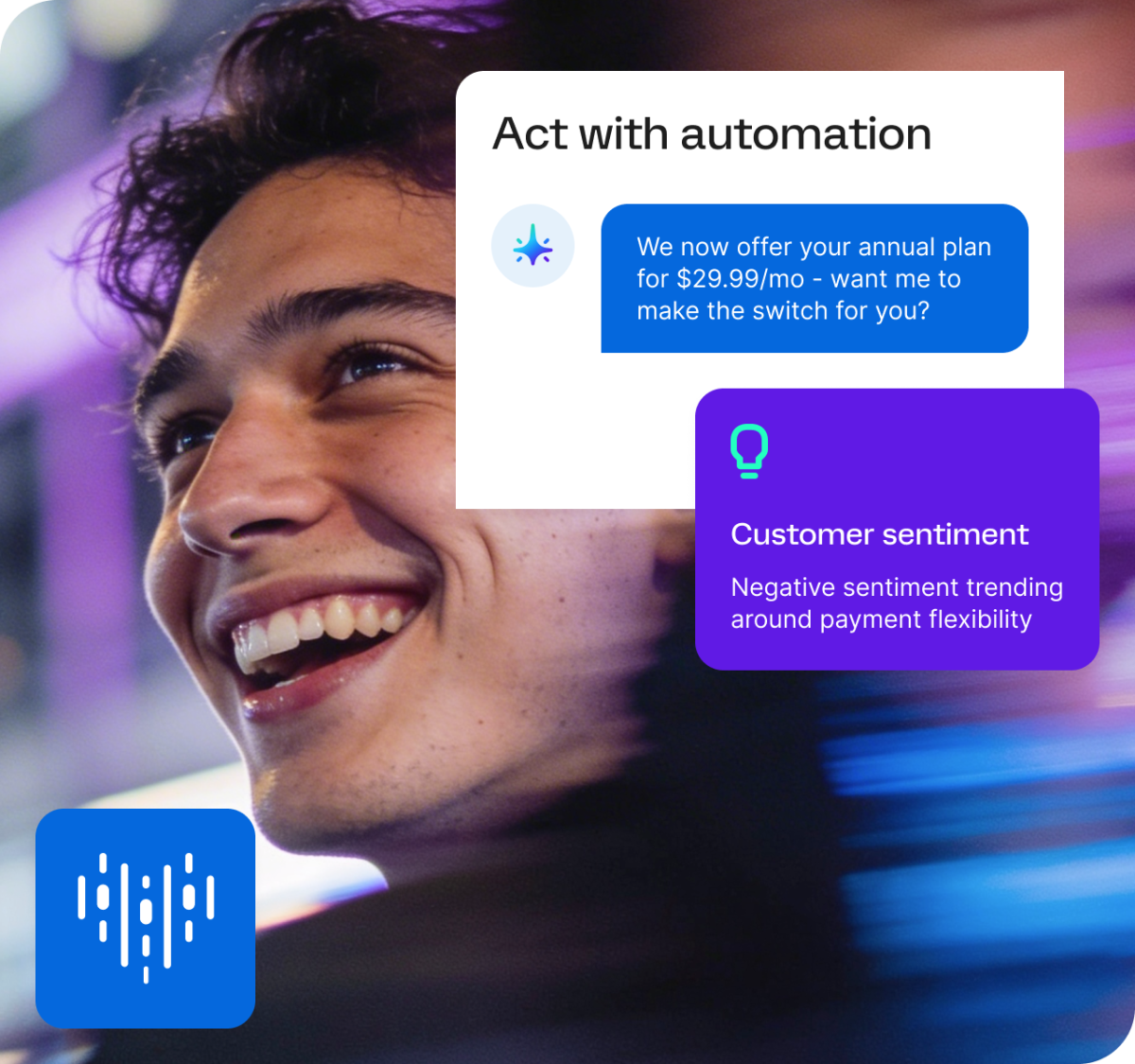 Smiling customer with Qualtrics automation UI showing an AI-suggested subscription offer and a customer sentiment alert about negative payment flexibility trends.