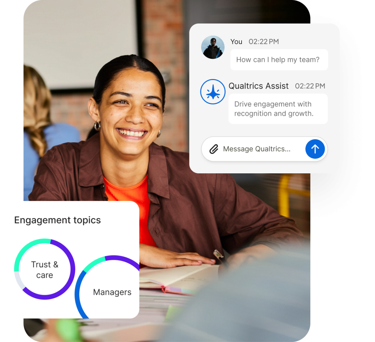 HR professional smiling in a team meeting, with a Qualtrics Assist chat recommending engagement actions and a chart highlighting trust and manager as top engagement topics.