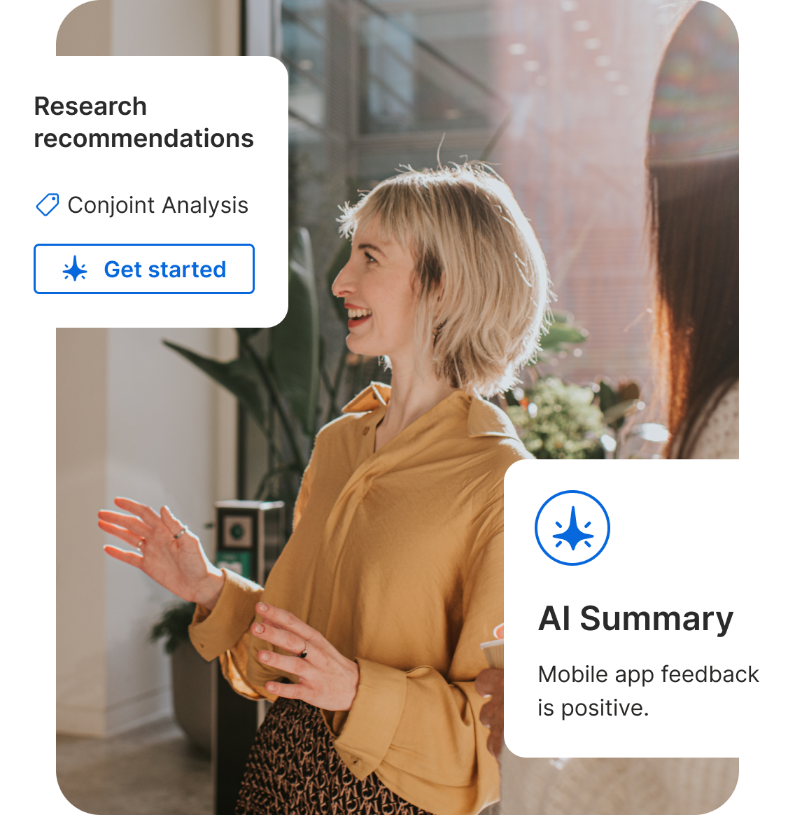 Market researcher presenting findings, with Qualtrics callouts showing an AI-recommended conjoint analysis study and an AI Summary confirming positive mobile app feedback.