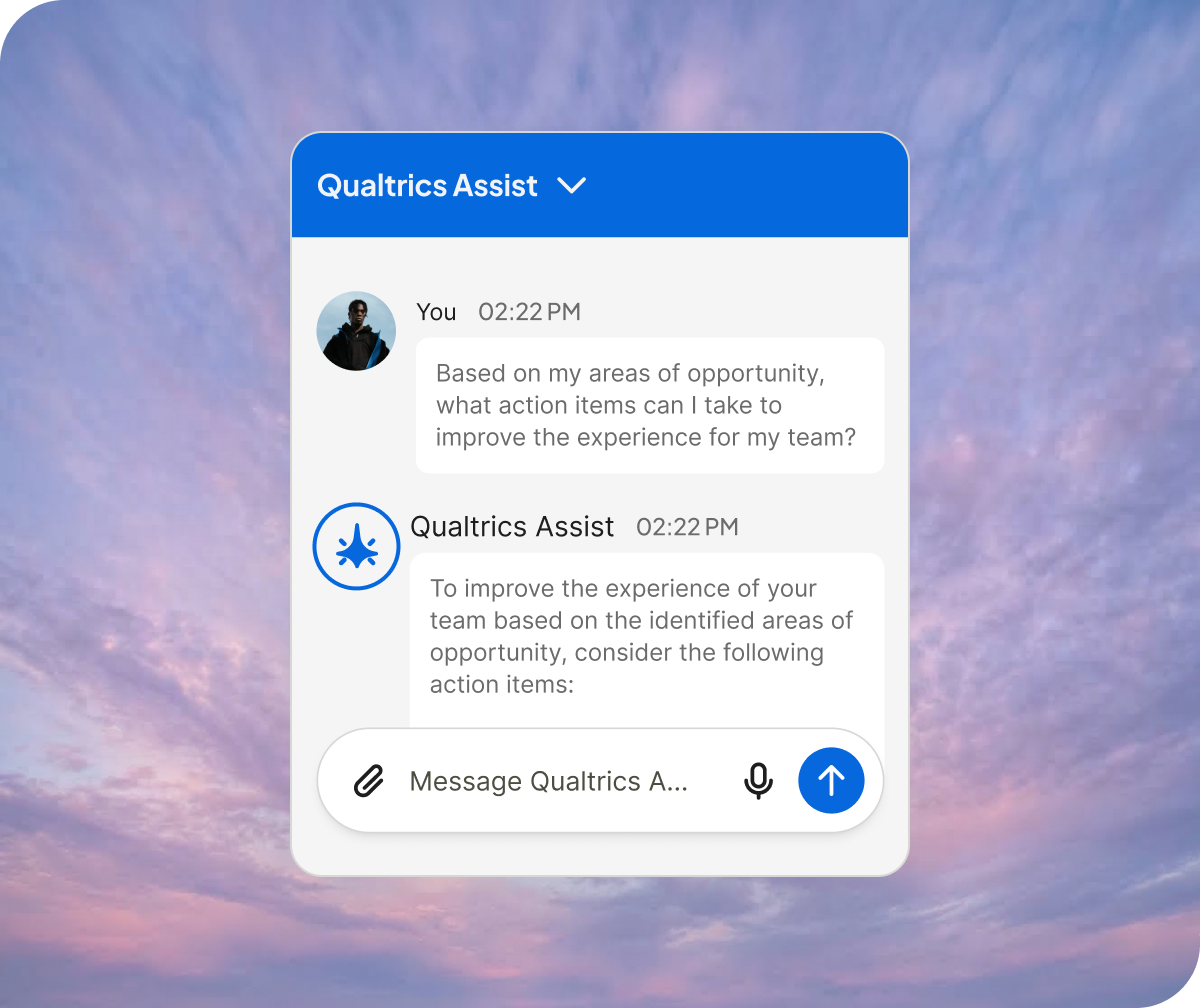Qualtrics Assist chat interface showing a user asking for action items to improve team experience, with the AI responding with recommendations.