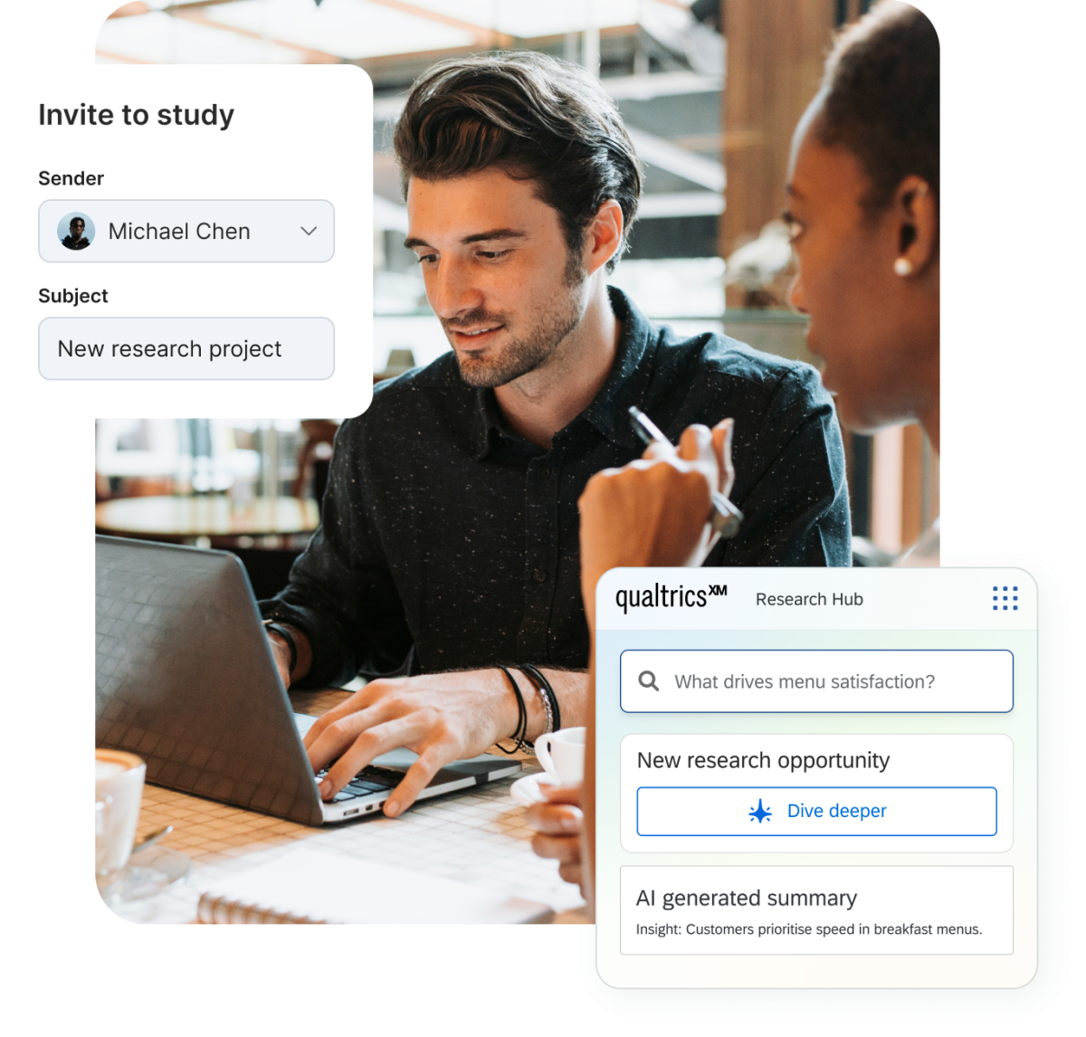 Two colleagues at a laptop with UI overlays showing a study invite form and a Research Hub AI summary on menu satisfaction drivers.