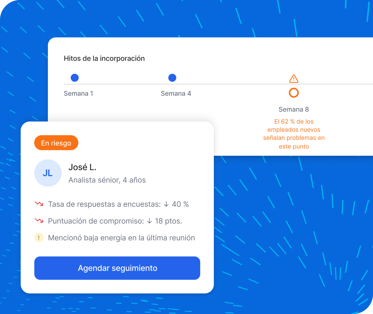 Perfil de cliente Alejandro M. con señales de descontento en centro de contacto, chat y evaluación. Acción recomendada por IA: contacto proactivo sobre reembolso y ajuste de lealtad.