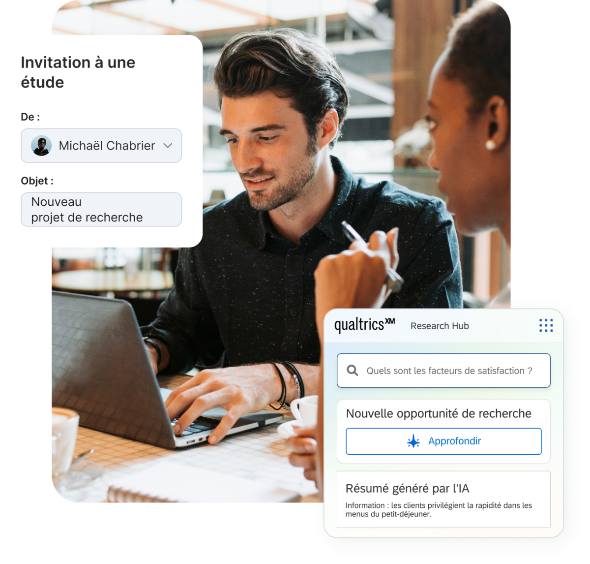 Une image de deux collègues regardant un ordinateur portable, avec des fenêtres d'interface numérique affichant une invitation par e-mail à une étude de Michaël Chabrier et un panneau Qualtrics XM Research Hub.