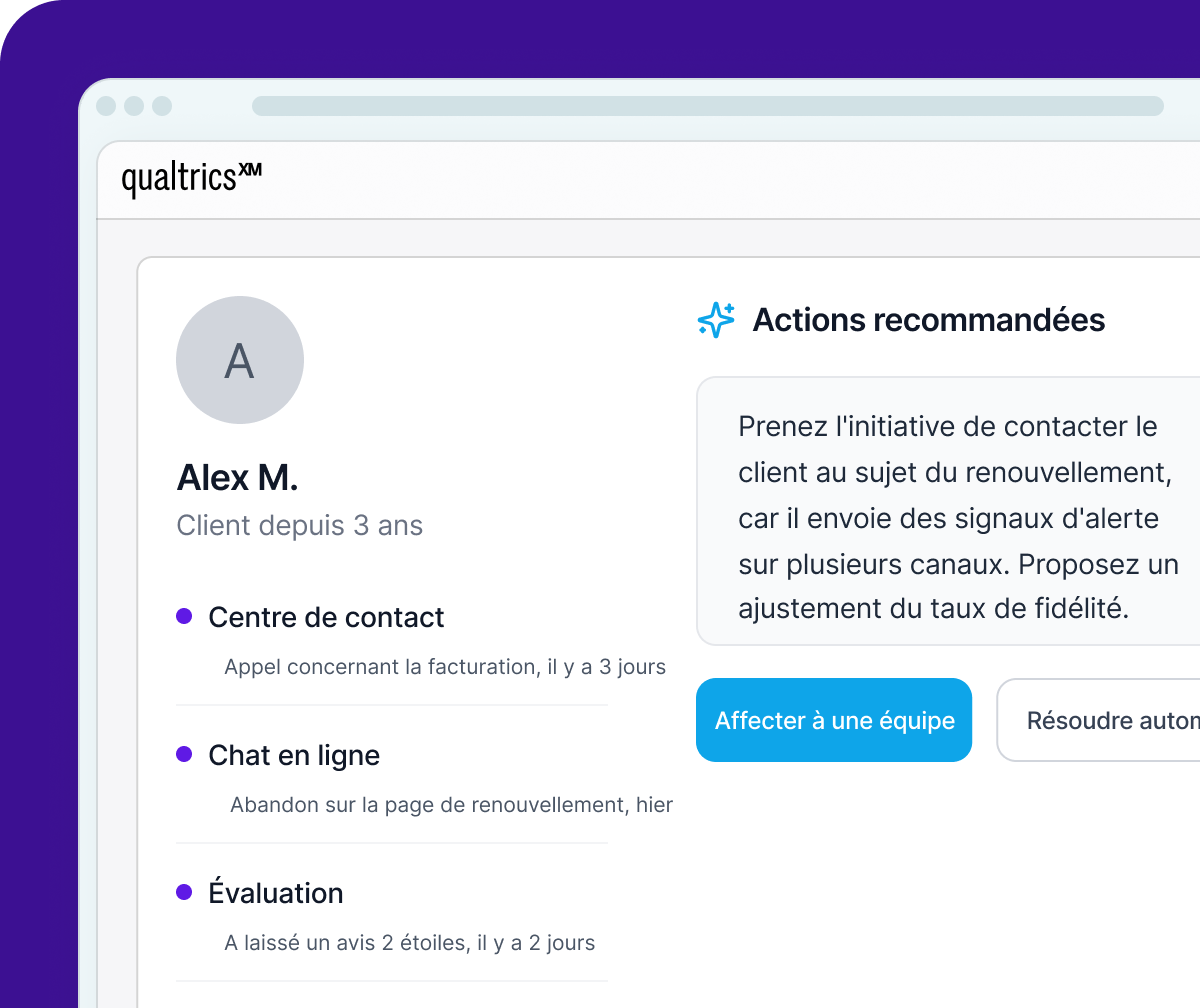 Interface Qualtrics XM avec le profil d'Alex M. montrant des signaux multicanaux et une recommandation de prise de contact pour le renouvellement.