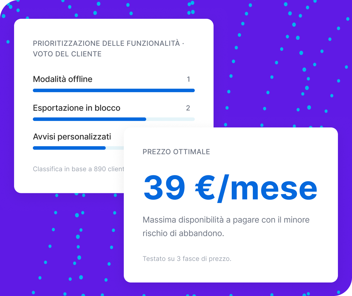 Interfaccia Qualtrics XM che mostra la prioritizzazione delle funzionalità in base al voto dei clienti e un'analisi del prezzo ottimale.