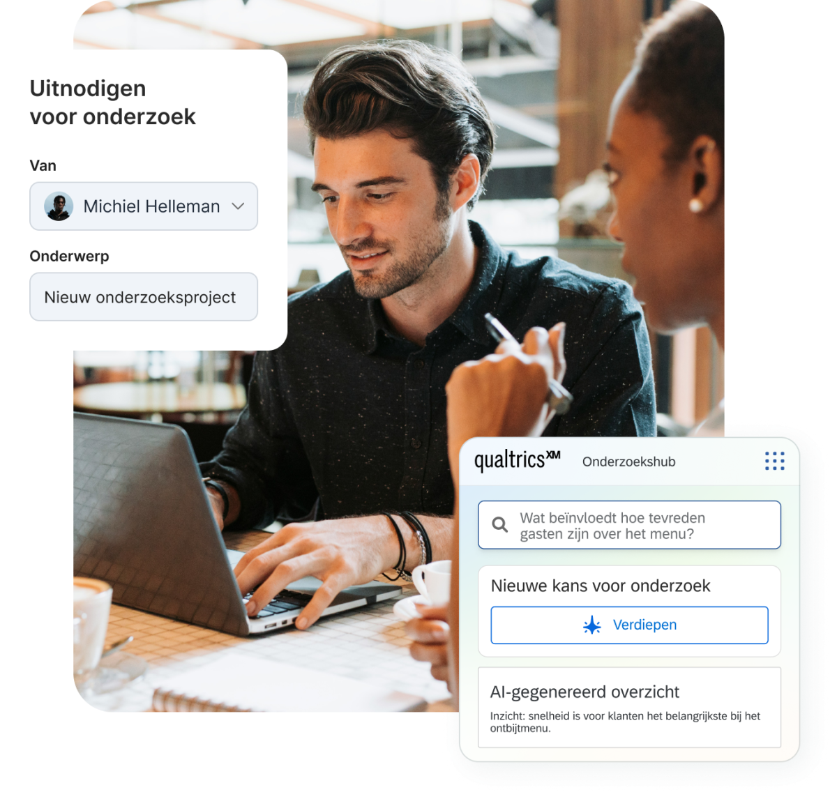 Een afbeelding van twee collega's die naar een laptop kijken, met overlays van digitale interfaceschermen die een e-mailuitnodiging voor een onderzoek van Michiel Helleman en een Qualtrics XM Onderzoekshub-paneel tonen.