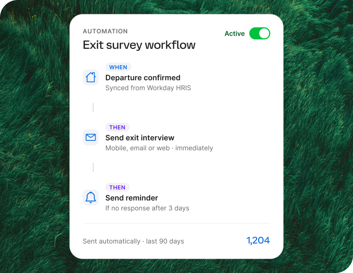 Exit survey workflow module with actions and timeline.
