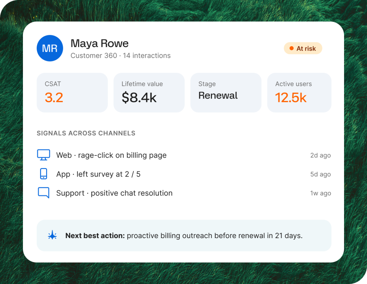 Customer experience profile for Maya Rowe showing CSAT, stage and cross-channel signals.
